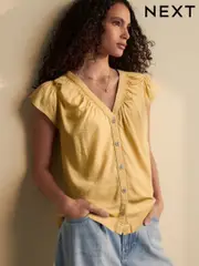 Lemon Yellow Button Down Ruffle Sleeve Top With Linen (AW6685) | $36