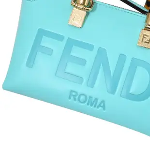 【FENDI 芬迪】Boston 經典大LOGO壓紋琥珀提把迷你手提包兩用包(亮藍)