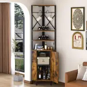 Corner Wine Cabinet with Power Outlet & LED Light, 6-Tier Industrial Corner B...