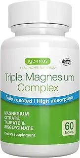 Triple Magnesium Complex, High Absorption Chelated Glycinate, Taurate & Citrate for Stress, Sleep, Migraine, Vegan, Fully Reacted, Pure & Oxide-free, 30 Servings, By Igennus