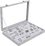LeoLeoxx Velvet Earring Display Tray Case Box with 40 Slots and Lid - 4 Tier Earring Jewellery Showcase Organiser Holder with Clear Transparent Glass Window for Stud Earrings (A255-12)