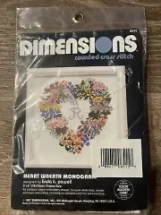 Dimensions Counted Cross Stitch Kit # 6515 "Heart Wreath Monogram" Vintage 1987