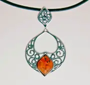 Genuine Baltic Amber Floral Marquise Pendant Sterling Silver & 18" Leather Cord