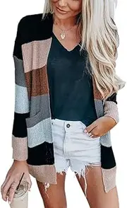 [JUNBOON] Women's Striped Long Sleeve Open Front Knit Cardigan Casual Pullover Sweater