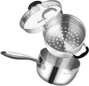 Tri-Ply Whole-Clad Stainless Steel Saucepan with Steamer,2.5 Qt Small Multipurpo