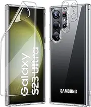 [Aircawin] for Samsung Galaxy S23 Ultra Case Clear with 1pcs Flexible TPU Screen Film+1pcs Tempered Glass Lens Protector,No-Yellowing Shockproof Hard PC_+Soft TPU Hybrid Case for Galaxy S23 Ultra-Clear
