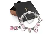 Boxed Pandora Inspired Full Set Beaded Charm Bracelet - Silver/Pink