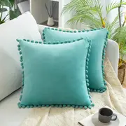 2x Square Throw Pillows with Cute Pom-poms for Couch Sofa Bedroom Decor (Inserts + Pillow Covers, Teal Green)