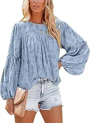 [Zylphorix] Women Lantern Sleeve Chiffon Shirt Long Sleeve Embroidery Tee Top Printed Round Neck Pullover T Shirt