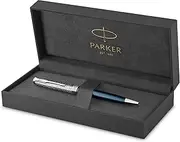 [PARKER] Sonnet Ballpoint Pen | Premium Metal and Blue Satin Finish with Chrome Trim | Medium Point with Black Ink Refill | Gift Box