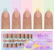 French Gel Nail Tips -150Pcs French Tip Press on Nails Pink Medium Almond 3 in 1 X-coat Tips Pre-applied Base Coat, No Need to File Fake Nails for Nail Art DIY 15 Sizes (Candy color, Almond)
