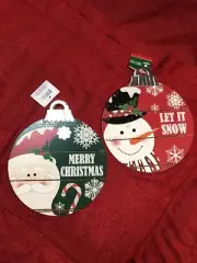Set Of 2 Christmas Ornament Shaped Signs - Snowman & Santa Clause 12"