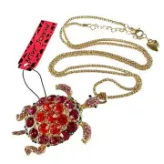 Betsey Johnson Turtle Necklace Pink Red & Blue Crystal Pendant Gold Tone