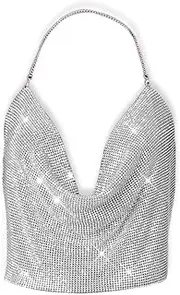 [Inzegao] Women Glitter Rhinestone Metal Crop Top Crystal Body Chain Tank Top Halter V Neck Backless Camisole Tops