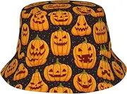 [pvinnk] Halloween Pumpkin Patterns Print Packable Outdoor Cap Unisex Bucket Hat Sun Protection Hat for Summer Beach Fishing Black, Black, One Size