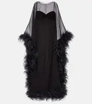 [Valentino] Valentino Caped feather-trimmed silk gown AU 10 black