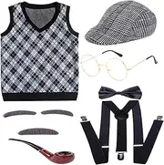 Old Man Costume for Kids, 100 Days of School Costumes for Kids, Old Man Costume Includes Hat, Glasses, Grandpa Vest, Cane, 130cm Costumes