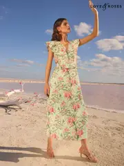 V&A I Love & Roses Green Floral Printed Broderie Peplum Ruffle Short Sleeve Midi Dress (AW0378) | $173