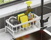 Kitchen Sink Caddy Organiser - Multifunctional Stainless Steel Rack with Self - Draining Tray, Ideal for Sponge, Dish Soap, Scrubber Brush & Dishcloth Storage, Tidy Up Your Kitchen Space（White)