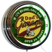 16" Dad's Garage Open 24 Hours! Neon Clock Man Cave Garage Decor(Green)