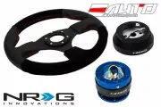 NRG 320mm Race Suede Leather Steering Wheel Red St 140H Hub 2.0 BL Quick Release