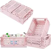 [Weraher] Plastic Baskets for Desk Organizing, Drawer Organizer, 2 Medium+2 Small Durable Folding Storage Crate for Home Kitchen Classroom Office Bedroom and Bathroom (Pink)
