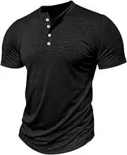 [Zylphorix] Men Quarter Button Casual Polo Shirt Solid Short Sleeve Round Neck Daily T-Shirt Summer Henry Exercise Pullover Top, Black, Large