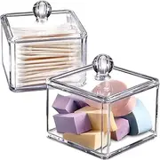Modern Square Qtip Holder Acrylic Bathroom Vanity Countertop Storage Organizer Canister Jar for Cotton Swabs, Rounds, Balls, Makeup Sponges, Bath Salts - 2 Pack - Clear