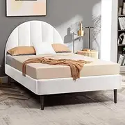 Furb Single Bed Frame Platform Solid Pine Wood Boucle Fabric Bed Base Mattress with Upholstered Bed Headboard for Bedroom Furniture, White