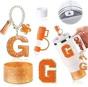 6PCS Orange Cup Accessories Set for Stanley Cup 30oz 40oz tumbler with handle, Including Straw Topper Cover Cap and Boot, Spill Proof Stopper, Handle Charm, Initials Sticker (Letter G)