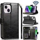 For iPhone 13/14 Case Luxury Vegan Leather Zipper Phone Wallet + Tempered Glass