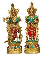 Brass Radha Krishna Idol Murti Statue Multicolor with Flute Religious Gift