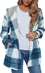 Zontroldy Womens Hooded Shacket Jacket Oversized Casual Flannel Plaid Wool Blend Button Down Shirt Coat Jackets
