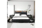 Levede USB Charging PU Leather Bed Frame 4 Drawers Queen Black