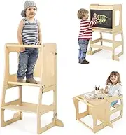 BABY JOY 3-in-1 Foldable Kitchen Standing Tower for Toddlers, Montessori Toddler Step Stool w/Chalkboard, Weaning Table, Stool & Safety Rail for Bathroom & Kitchen Counter, Natural