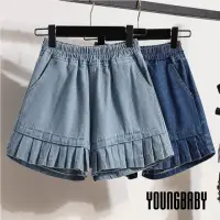 在飛比找momo購物網優惠-【YOUNGBABY】下襬打折水洗牛仔五分褲 中大碼女裝(深