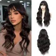 Dark Brown Wig With Bangs Long Wavy Wigs for Women 26 Inch Curly Wavy Wig Wit...
