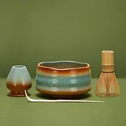 DiDiBirDi Ceramic Matcha Tea Set 4 Pcs, Japanese Matcha Bowl, Bamboo Matcha Whisk, Spoon Made of Natural Bamboo Wood, Whisk Holder (Blue Brown)
