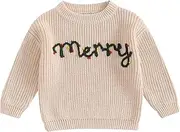 [Honganda] Infant Baby Girl Boy Christmas Thanksgiving Sweater Long Sleeve Letter Embroidery Pullover Knitwear Fall Outfit
