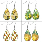 Tropical Fruits Teardrop Earrings Lemons Pineapples Dangle Drop Sterling Silver