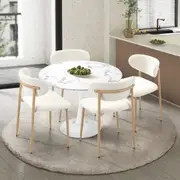 Oikiture 90cm Round Dining Table with 4x Dining Chairs Boucle White&Gold