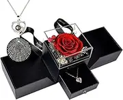 Preserved Rose Real Eternal Rose, Jewelry Storage Box and I Love You Necklace 100 Languages Handmade Artificial Flower for Her Mother's Day Christmas Thanksgiving Romantic Anniversary Birthday Gifts
