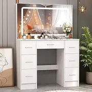 [Buildonely] Dressing Table Large Tabletop 7 Drawers, 55inches Makeup Table with Touch Switch and 3 Color LED Lights, Girls Vanity Set with Mirror and Lights for Women, White