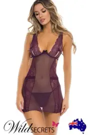 NEW Rene Rofe Sneak Peek 2 Piece Purple Babydoll Set with G String, Wild Secrets