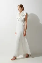 Drama Pleat Ruffle Rosette Woven Maxi Dress