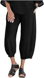 [OULIWANGLUO] Women's Cotton Linen Bohemian Printed Pants Elastic Waist Wide Leg Work Pants Casual Travel Vacation Trousers with Pockets
