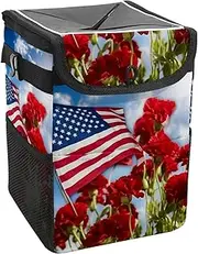 Car Trash Can with Lid and Storage Pockets Leak-Proof Organizer,Waterproof Garbage Can,American Flag and Flowers