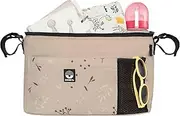 Dooky - Pram Organiser Deluxe Romantic Leaves Beige - Perfect for on The go - pram Bag Baby Accessories Changing Bag - Water-Repellent Polyester - Beige