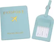 [uxcell] Passport Holder with Luggage Tag, Set of Leather Travel Passport Cover Wallet with Suitcase Tag Travel Accessories for Men Women Airplane, Light Blue