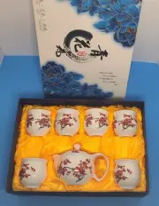 White Cherry Blossoms Ceramics of Japan Japanese 7 Piece Tea Set Teapot